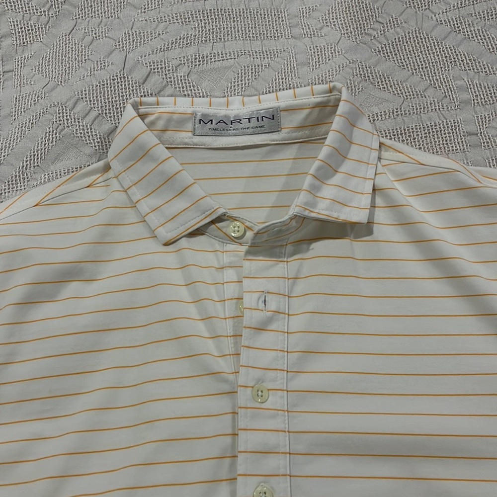 Martin Golf Shirt, Medium, White with Orange Stripes